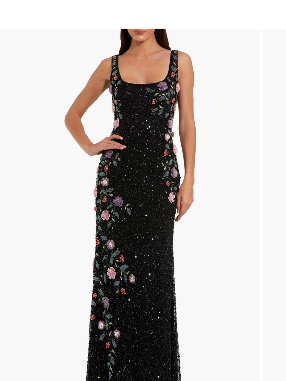 Mac Duggal Black Mesh Gown with Multicolor Floral Beading, Ar Saks $598 now
